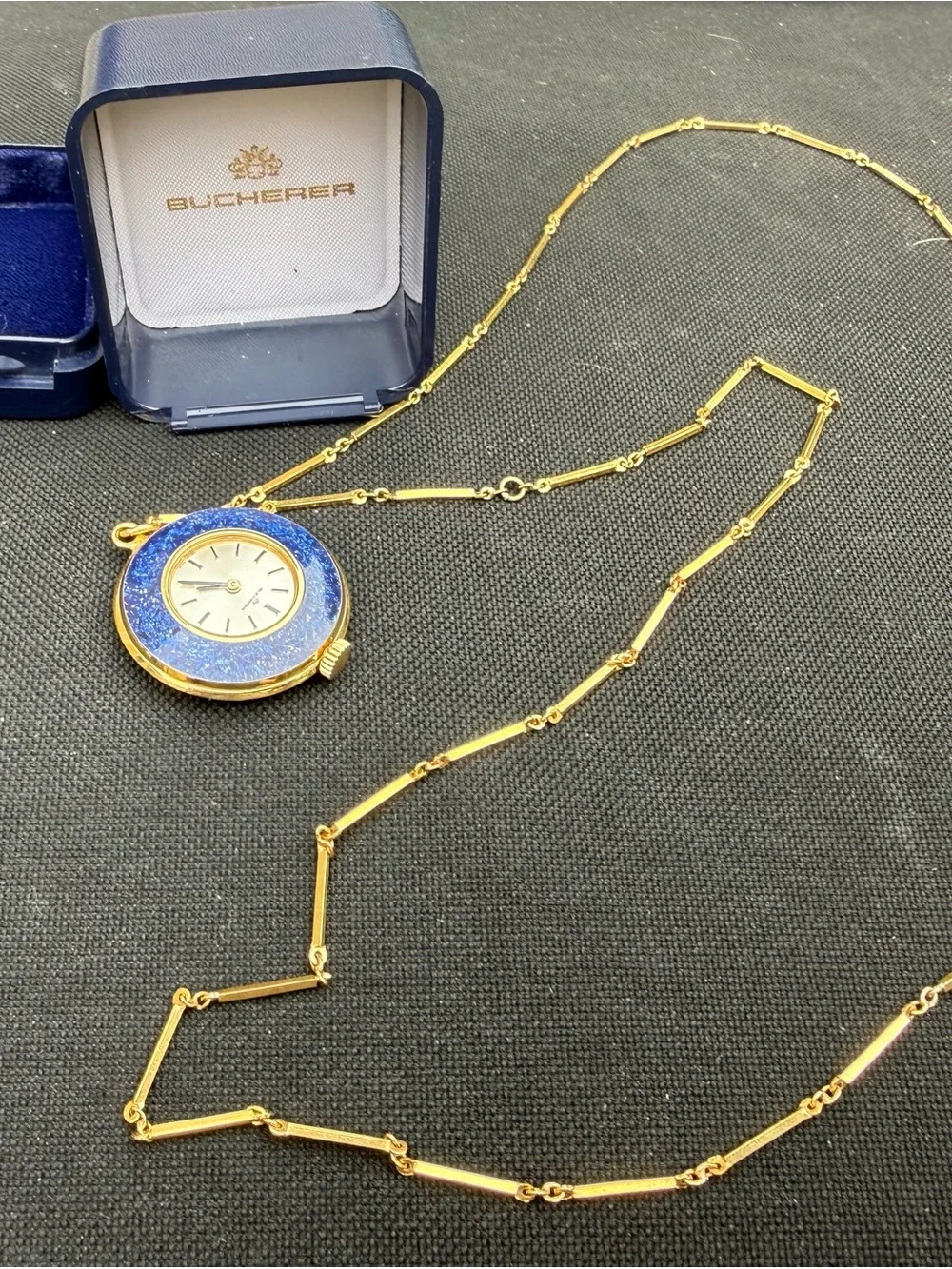 Vintage Bucherer Lapis Lazuli Pendant Watch with Matching Chain and Box Swiss